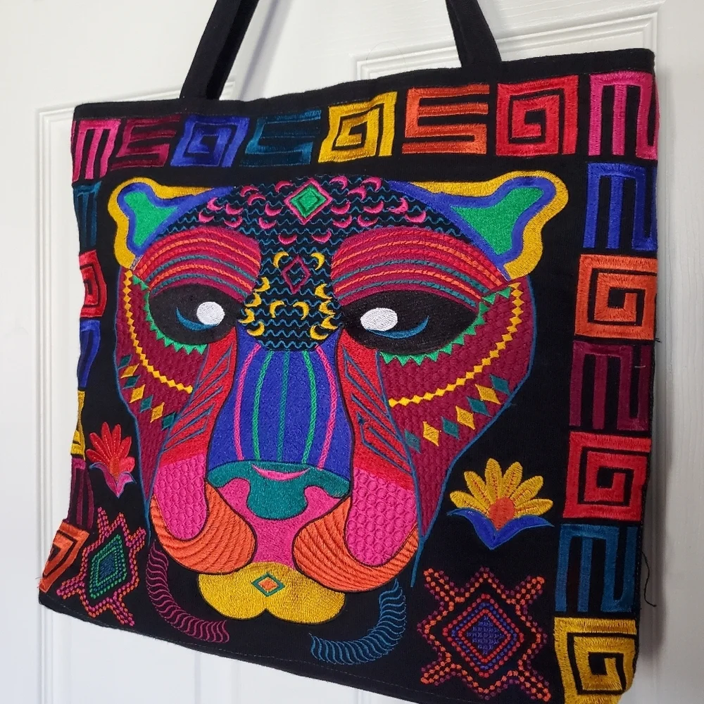 Embroidered Jaguars Tote Bag Multicolor Guatemalan Fabric Lined Zip Large Size